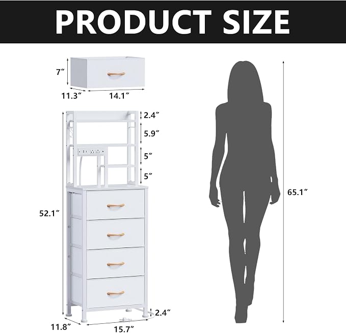 Tall Night Stand, 52.1" LED White Nightstand with Charging Station | LED Lights & USB Ports & type-C, 4 PVC Fabric Drawers and 4-Tier Storage Shelf, Bedside Table for Bedroom, Dorm