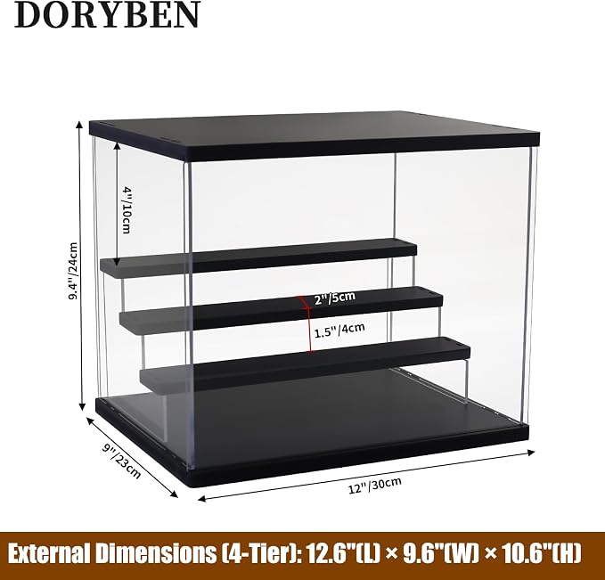 Acrylic Display Case with Adjustable LED Light, 4 Tier Clear Display Box Dustproof Showcase for Action Figures, Collectibles and Mini Toys, Assembly Display Cabinet(Black 12.5×9.5×10.4in)