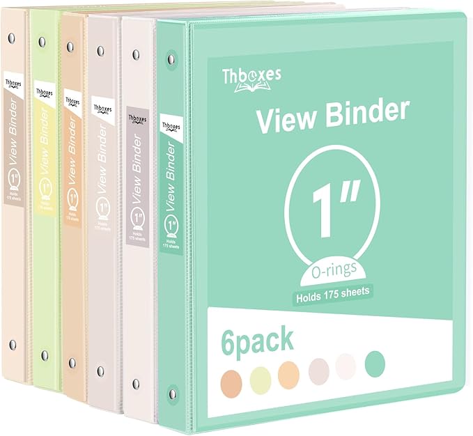 6 Pack 3 Ring Binder, 1 Inch Clear View Binders (Fit 8.5x11 Inches) | 175 Sheets Paper Capacity, Pastel Binders with 2 Interior Pockets for Office Supplies, School & Home (6 Light Colors)