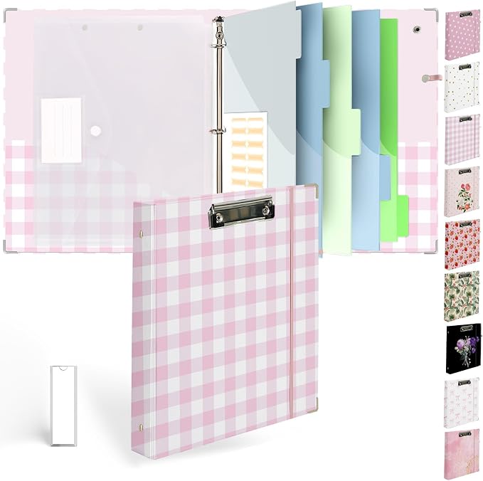 3 Ring Binder 1 inch with Clipboard - Pink & White Grid Design, Includes Dividers, File Bag & Spine Label - Ideal for Students and Professionals, Holographic Waterproof Film