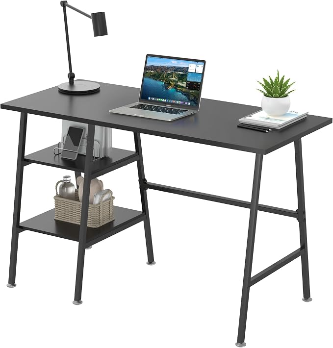 VECELO 43.1 Inch Computer Desk Home Office Black Study Desk Work Office Table with Shelves Wooden Desk for Bedroom