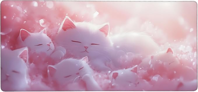 Cute Anime White Cat Gaming Mouse Pad, Pink Dreamy Desk Mat with Anti-Slip Base & Stitched Edges,35.4" x 15.7" in Table Mat for Computer Desktop, Beautiful Workstation Decor