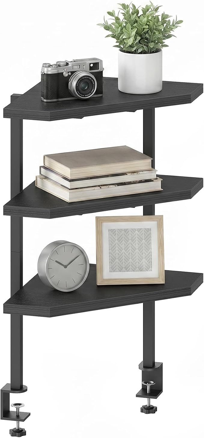 MAHANCRIS Clamp on Desk Corner Organizer, 3-Tier Desktop Shelf, Adjustable Desk Corner Storage Shelf with Metal Frame, for Office, Game Room, Black DSBK5501