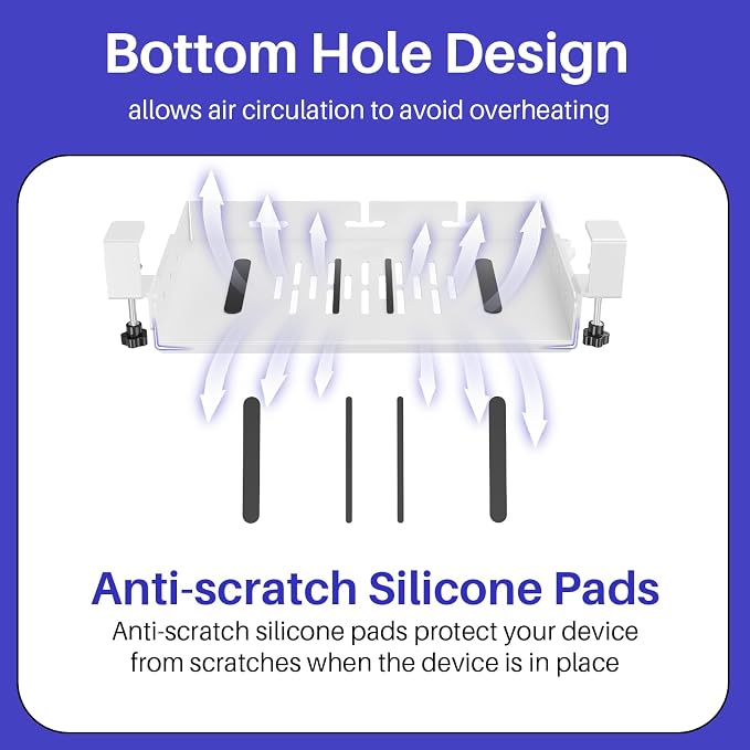 BYMECOST No Drill Under Desk Laptop Mount, Metal Under Desk Storage Shelf | Laptop Storage Tray for Macbook, Mac Mini, Controllers and Cables, Anti-scratch Silicone, fits Office, Gaming, Workstations
