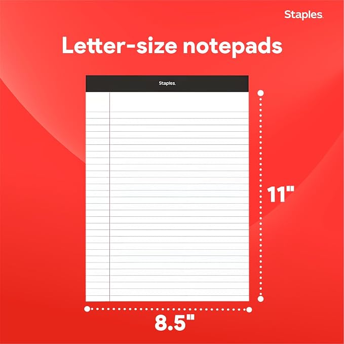 STAPLES Legal Pads, 8.5” x 11”, Wide Ruled, Perforated, 50 Sheets/Pad, 12‑Pack