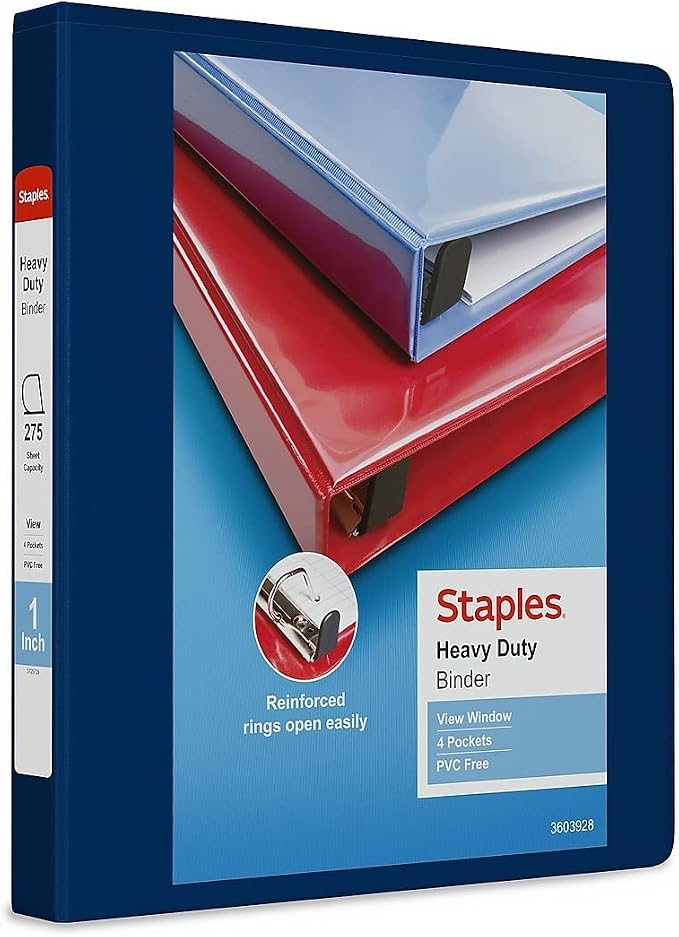 Staples Heavy-Duty 1-Inch D-Ring View Binder, Reinforced Spine, Holds Up to 275 Sheets, Blue, for Office & School