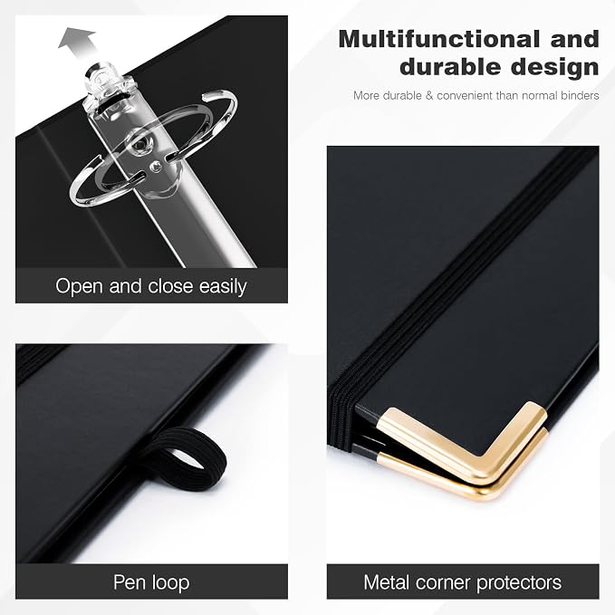 Ospelelf Mini 3 Ring Binder 2 Inch With 5 Tab Dividers, File Folder Labels and Low Profile Clipboards - Cute Black for 5.5" x 8.5" School and Office Supplies