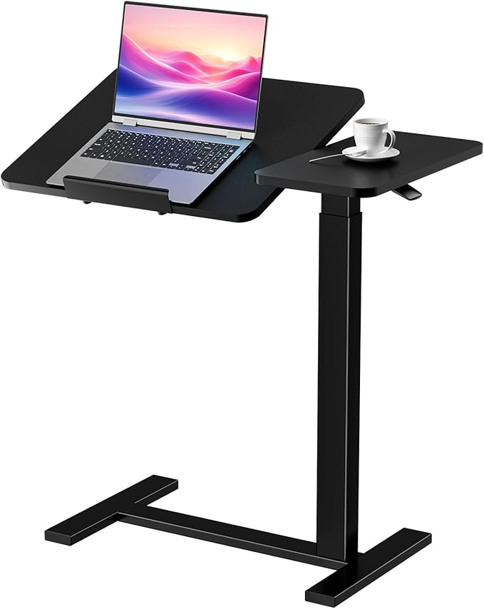 DUMOS Adjustable Bedside Overbed Table with Wheels, Black | Laptop Standing Desk with Tilting Top Height, Mobile Rolling Computer Cart for Hospital Home Bedroom Use