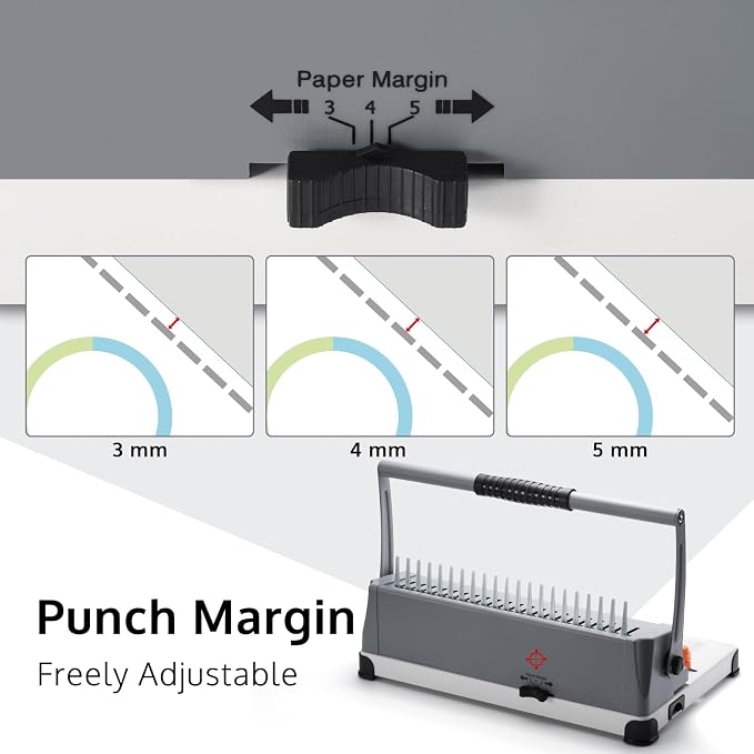 OFFNOVA Binding Machine, 21-Hole 450 Sheets Paper Comb Binding Machine for Letter Size / A4 / A5 Paper, Easy to Punch Handle, Adjustable Margin, Book Binder with 100 PCS 3/8'' Comb Binding Spines