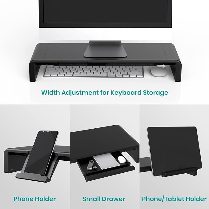 Klearlook Computer Monitor Stand for Desk, Adjustable Foldable Monitor Riser with Storage Drawer & Tablet Phone Holder for Office, Home, Laptop, Desktop (Black 2 Pack)