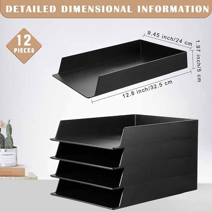 12 Pcs Stackable Paper Trays Rectangular Plastic Desk Holder Desktop Document File Organizer Storage Letter for Office Classroom (Black)