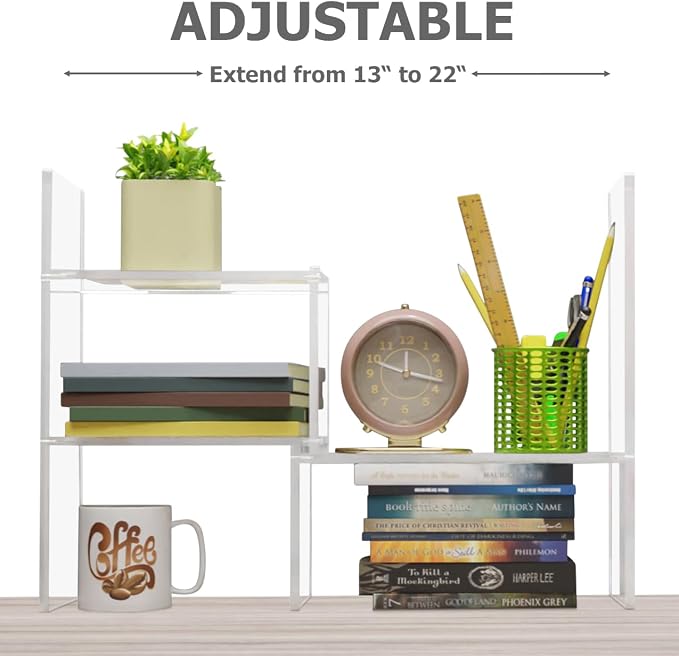 Adjustable Acrylic Desk Shelf for Top of Desk: Clear Desktop Shelf, Premium Desktop Bookshelf Organizer, Office Table Book Shelves