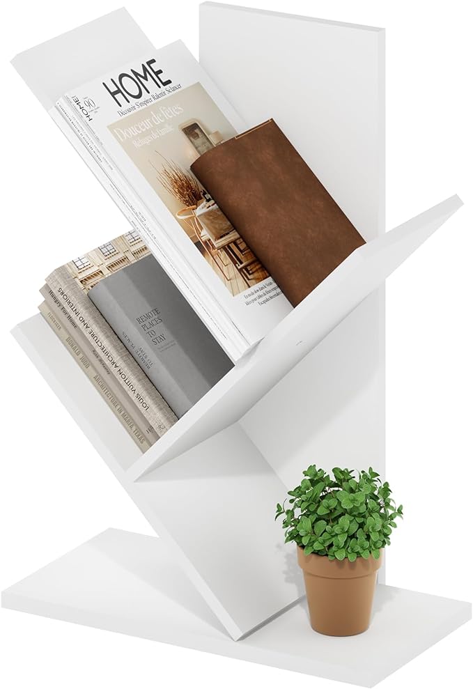 Furinno Tree Book Shelf, 3-Tier Bookshelf with Angled Open Shelf, Tree Bookcase for Room Decor, 8.4 x 15.7 x 21.3, for Organization and Storage, for Living Room, Bedroom, Home Office, White