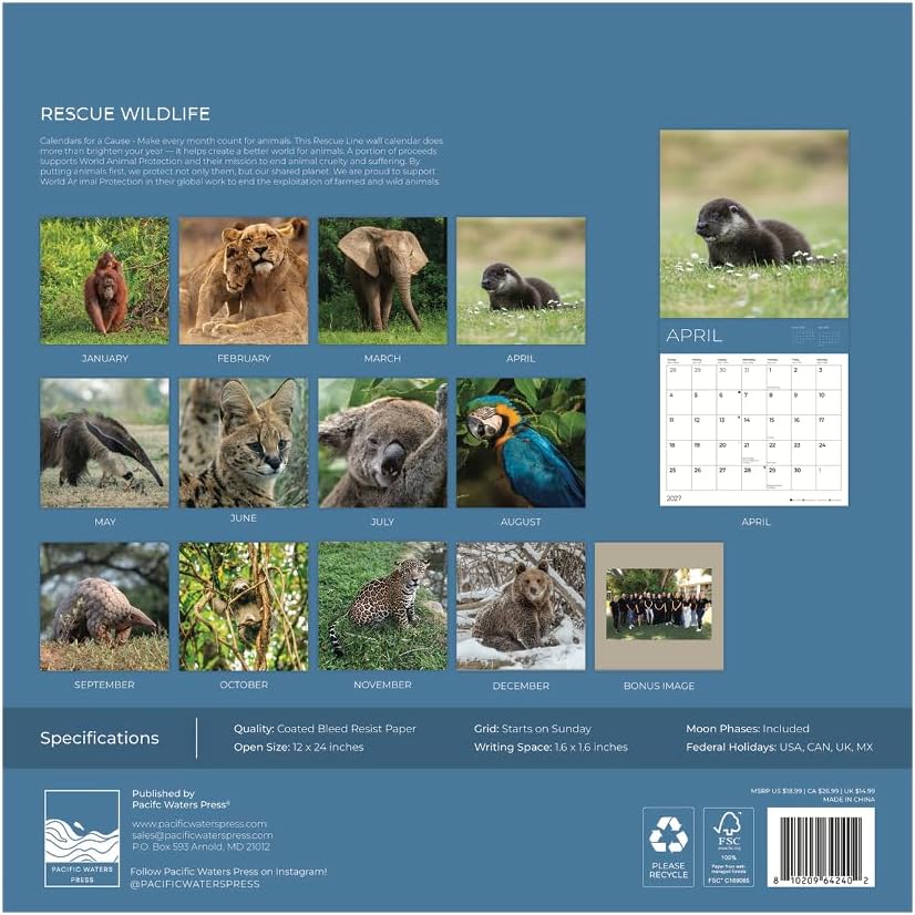 2027 Rescue Wildlife Wall Calendar, 12 x 24 Hanging Pacific Waters Press