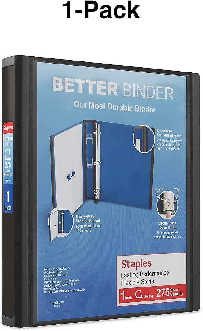 Staples Better Binder, 1 Inch D-Ring, Black, 275 Sheets, 3-Pack | Reinforced spine for durable school and office document organization.