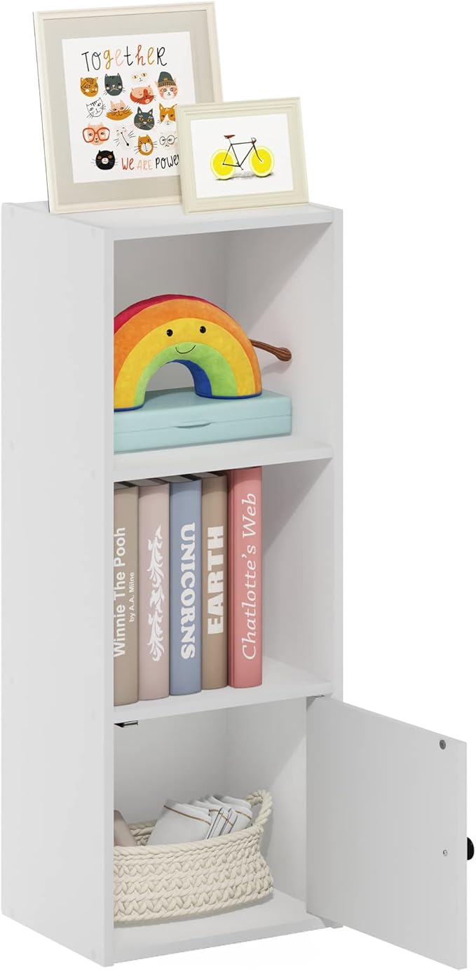 Furinno LUDER Book Shelf, 3-Tier Modern Bookshelf, Bookcase with 1 Door Storage Cabinet, 9.3 x 12 x 31.5, for Organization and Storage, for Living Room, Bedroom, Home Office, White
