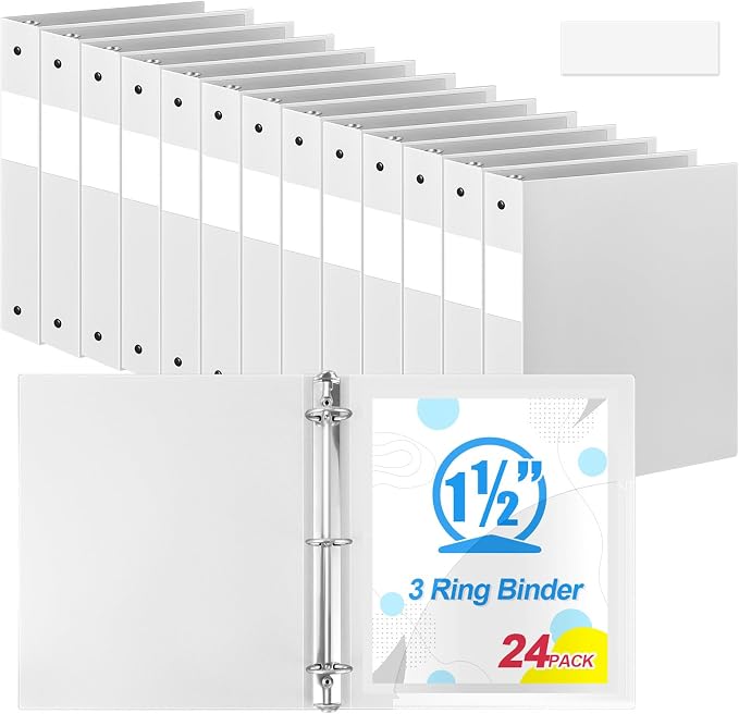 Henoyso 24 Pcs 1.5 Inch 3 Ring Binders, Letter Size,White | Binders Bulk, Holds 350 Sheets, Round Rings, Durable Flexible PP Plastic Covers, Pockets Labels, School Office Supplies
