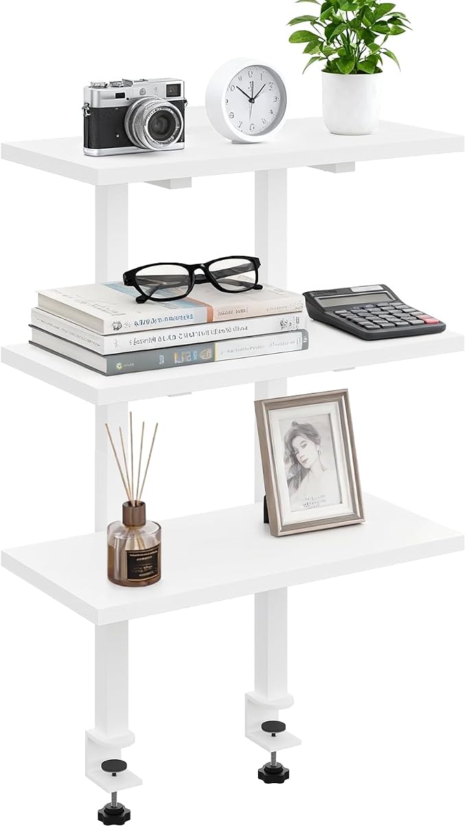 MAHANCRIS Clamp On Desk Organizer, 3-Tier Desktop Bookshelf, Adjustable Desk Storage Shelf, Metal Frame, for Office, Study and Game Room, White DSWT3601