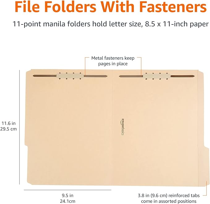 Amazon Basics Manila File Folders with Fasteners for Organized Filing, Letter Size, 100-Pack
