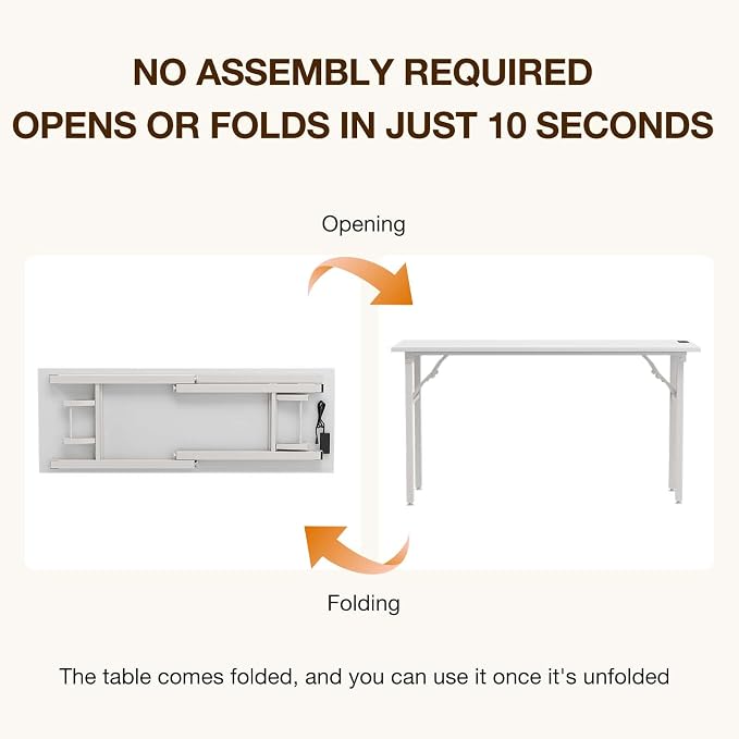 TEMI Long Computer Desk Folding Table - No Assembly, Compact 55.1" Foldable Desk with Power Outlets & USB Charging Port, Portable Lagre Office Desk, Ideal Large Study Table for Narrow Spaces,White Ash