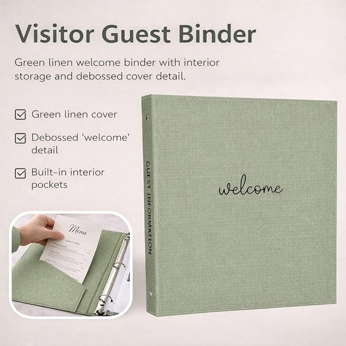 Paper 'n Such Welcome Binder for Short Term Rentals –Green Linen Fabric 3 Ring Folder for Airbnb, Vacation Home, House Manual & Guest Information - Letter Size