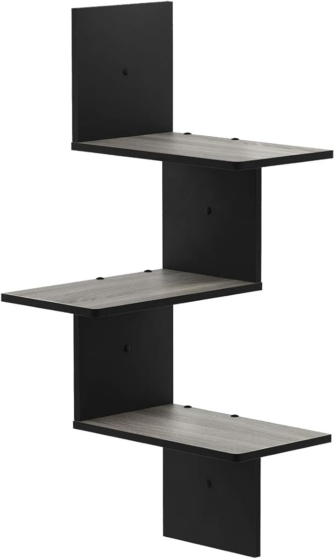 Furinno Rossi 3-Tier Corner Floating Shelves for Wall, French Oak | Corner Square Wall Shelf, S-shape Radial Wall Mounted Book Shelf, for Bathroom, Bedroom, Living Room