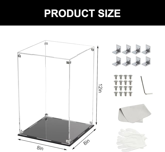 8x8x12In Self Assemble Acrylic Display Case with Black Base | Clear Acrylic Box Countertop Box Glass Case for Collectibles, Rectangle Box with Black Stand for Display Dolls Models Figure