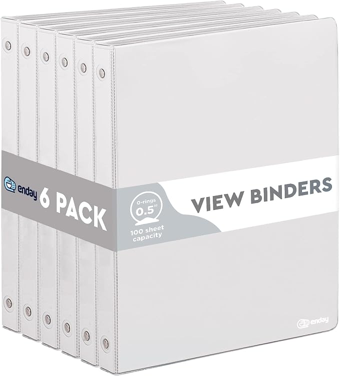 Enday 1/2 inch Binder 3 Ring Binder (6 Pack - Grey) O-Ring Binder with Clear View Cover and 2 Inside Pocket - for Letter Size 8.5 x 11'' Paper, Ideal for School Supplies, Office, and Home