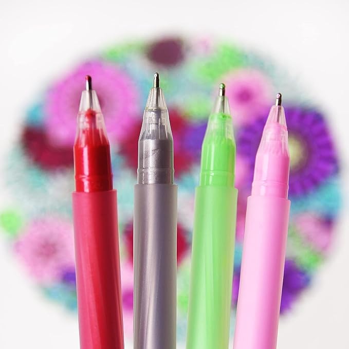 Primrosia 48 Gel Pens, inc. Metallic, Pastel, Glitter & Flourescent for Adult Coloring Book & Dot Grid Journal Pens. No-Bleed-Through in a Variety of Shades, 7.5x More Ink Fine Point Markers Set
