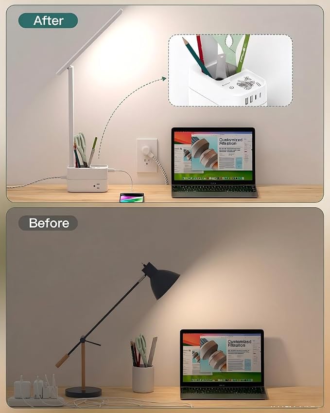 Addtam Desk Lamp with Pen Holder, LED Desk Lamps for Home Office, Power Strip with 3 Outlets 4 USB Charging Ports(2 USBC), 3 Color Modes Touch Lamp, Study Lamps for College Dorm Room Essentials, White