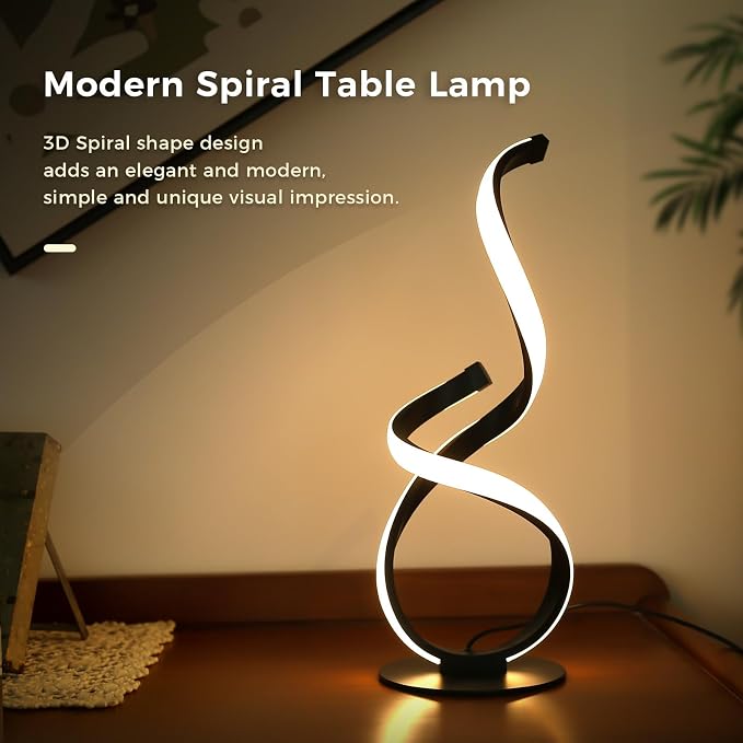 Modern Dimmable LED Spiral Touch Table Lamp for Nightstand | 3 Color Temperature Desk Lamp, Unique Bedside Light for Living Room, Bedroom, Cool Lamps for Ideal Gift, Black