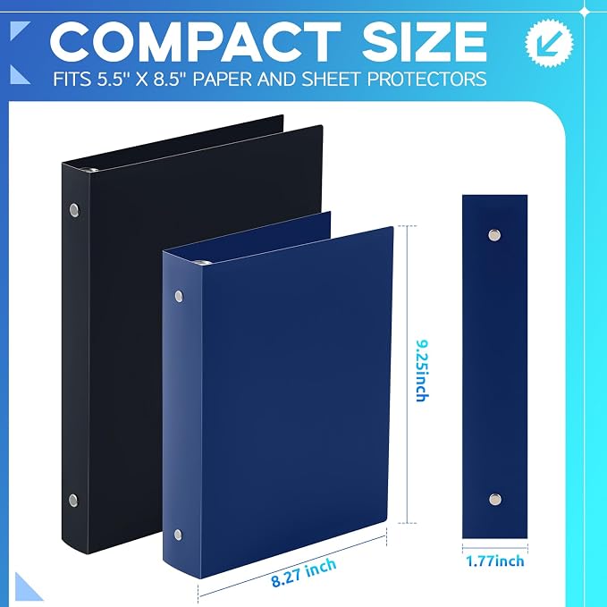 Henoyso 12 Pcs 1.5 Inch Mini 3 Ring Binders Fits 5.5" x 8.5" Paper, Holds(Capacity 350 Sheets), Plastic Flexible Three Round Rings Small Navy Blue A5 Binders Bulk for School, Office Use, Photo Album
