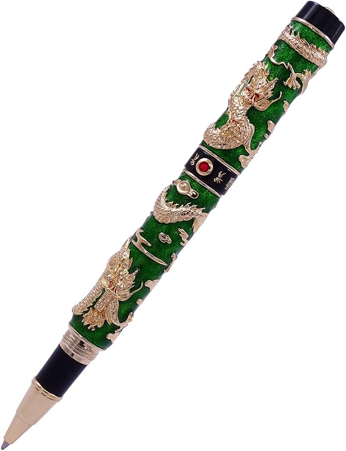Jinhao Double Dragon Rollerball Pen Green Cloisonne Enamel Handcraft for Signature and Collection