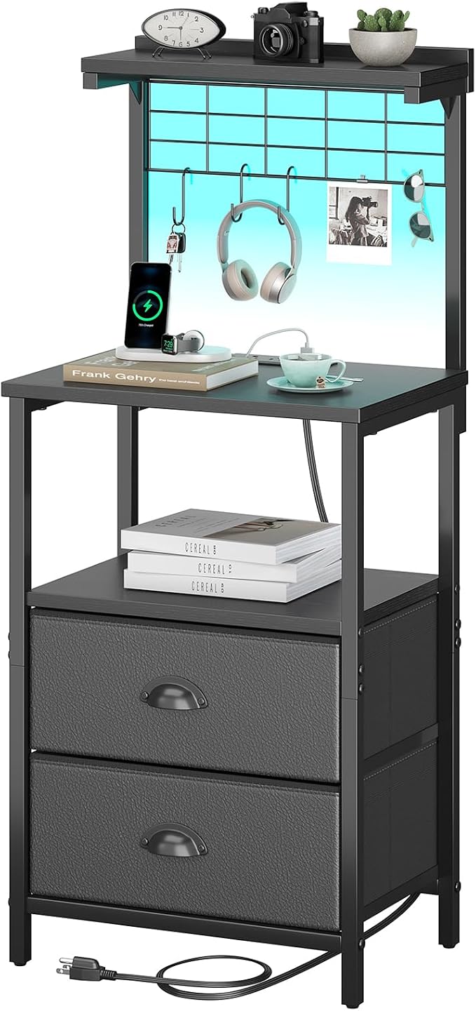 sthmec Bedside Tall Nightstands with Charging Station, LED Bedside Table for Bedroom - 2 PU Fabric Drawers, Hooks, USB/Type-C Ports & Open Bedside Shelves, Black