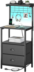 sthmec Bedside Tall Nightstands with Charging Station, LED Bedside Table for Bedroom - 2 PU Fabric Drawers, Hooks, USB/Type-C Ports & Open Bedside Shelves, Black