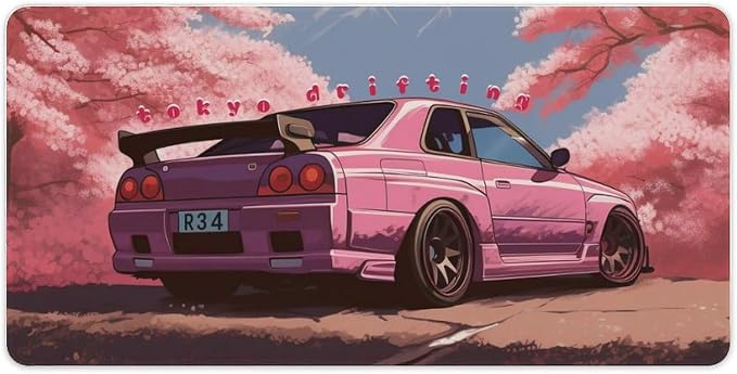 Anime Car Large Mouse Pad Japanese Cherry Blossom JDM Mousepad Gaming Pink Desk Mat R34 Keyboard Computer Pad Office Desk Organizers and Accessories 23.6 x 11.8 Inch