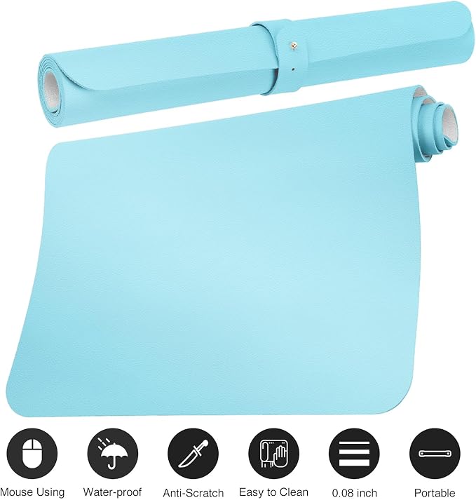 Boutilon Leather Desk Pad Protector,Non-Slip Mouse Pad,Laptop Desk Pad,Office Mouse Mat,Waterproof Leather Desk Blotter,Desk Writing Pad for Office and Home (M-Light Blue,30"x14")