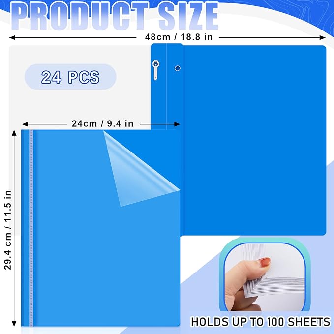 Teling 24 Pcs Clear Front Report Covers with 3 Prongs Fasteners Plastic Presentation Folders Resume Portfolio Report for Letter Size Binder for Paper Document School Office(Blue)