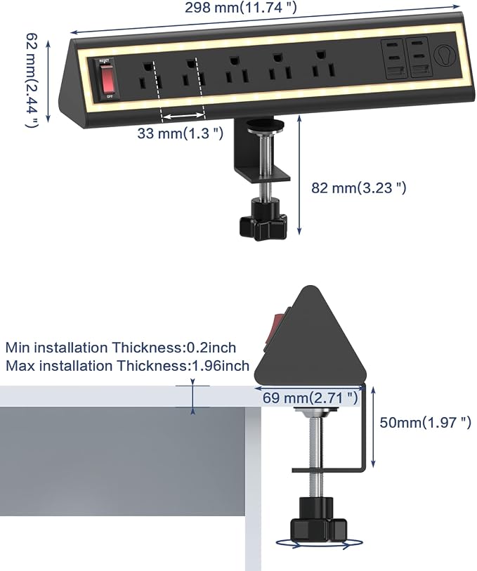 Desk Clamp Power Strip with Nightlight, 40W Fast Charging, 10FT Extension Cord, 4x20W USB-C & 2 USB Ports, 5 AC Outlets, Fits 1.69-Inch Table Edges