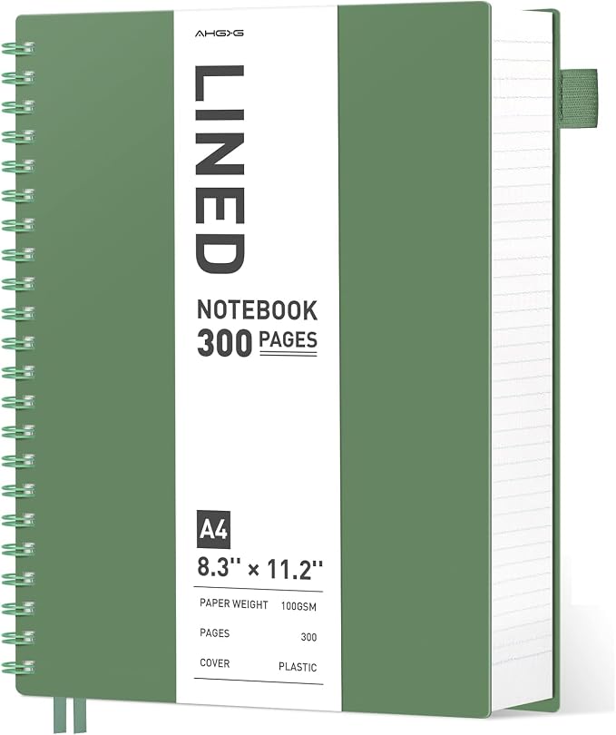 AHGXG Spiral Notebook College Ruled - Spiral Journal Notebook 8.5" x 11" Large A4, 300 Pages Lined Journal, 100GSM Thick Paper, Plastic Hardcover, for Women Men Office School Writing Work, Green