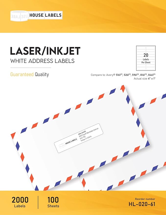 HOUSELABELS 20-up Shipping Labels (4" x 1") for Laser and Inkjet Printers, 200 Sheets