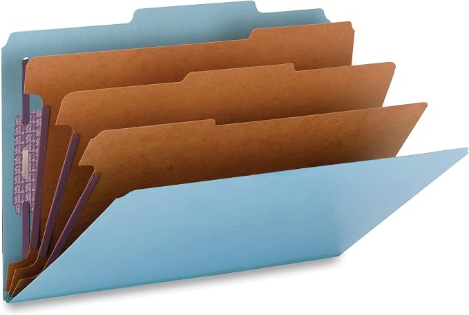 Smead Pressboard Classification File Folder with SafeSHIELD Fasteners, 3 Dividers, 3" Expansion, Legal Size, Blue, 10 per Box (19094) (Pack of 1)