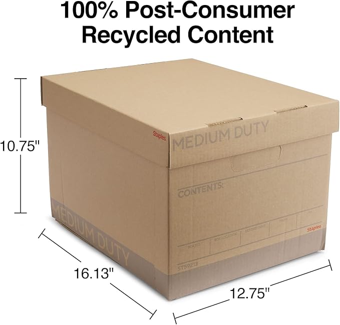 Staples Medium-Duty 100% Recycled Storage Boxes, Letter/Legal, 12-Pack | Eco-friendly stackable boxes for document storage in offices.