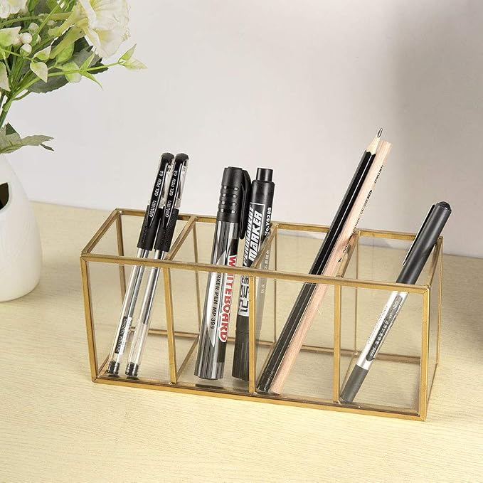 NIUBEE Gold Acrylic Pen Holder 4 Compartments, Desk Office Pencil Cup Desk | Scratch-resistant thick acrylic with 4 slots for pens, pencils, makeup brushes, office, vanity and school use