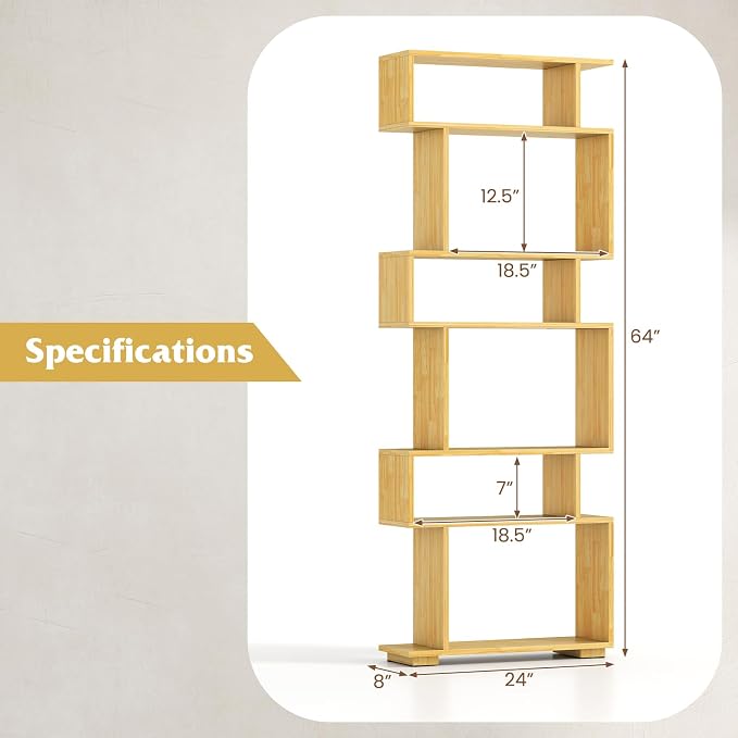 Tangkula 6-Tier S-Shaped Bookshelf, 64" Freestanding Geometric Bookcase, Home Office Wood Storage Shelf with Anti-Toppling Device, Room Divider Display Rack for Study, Living Room (1, Burlywood)