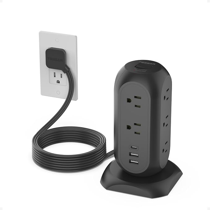 TESSAN Tower Power Strip Flat Plug with 1050J Protection, 10 Ft, Black | 11 Outlets 3 USB (1 USB C), Surge Protector Power Tower, Extension Cord with Multiple Outlets, Dorm, Office Desk Supplies