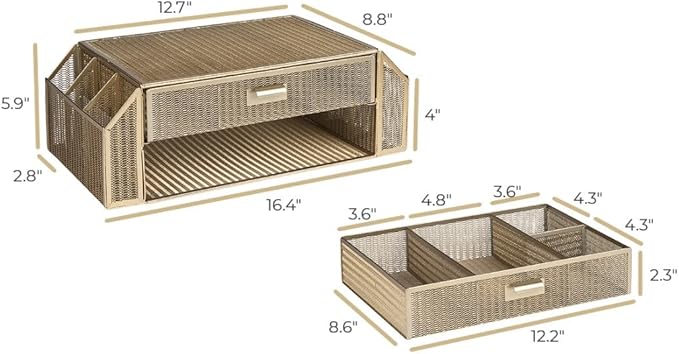 BLU MONACO | Monitor Stand with Drawer Storage | Desk Top Monitor Stand Riser Gold | Computer Support Organizer Elevador de Monitor