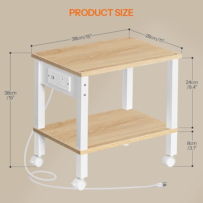 HOOBRO 2-Tier Printer Stand with Charging Station, Under Desk Printer Table, Printer Cart with Storage Shelves, Shelf for Small Spaces, for Home Office, Natural WN38UPS01