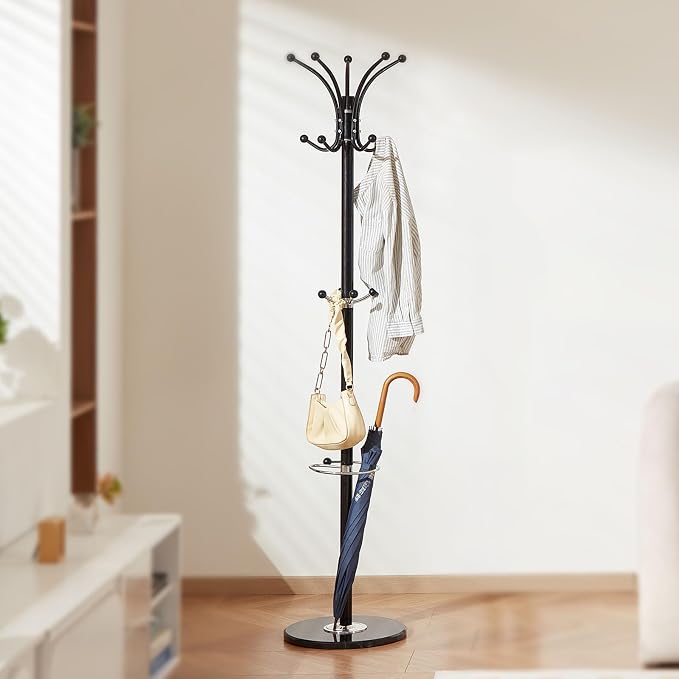 VEVOR Freestanding Coat Rack, Metal Coats Rack Stand with Umbrella Holder, Stable Marble Base & 14 Hooks, Hall Coat Tree for Entryway, Bedroom, Living Room, Stylish Coats Hanger for Hats, Scarves, Bag