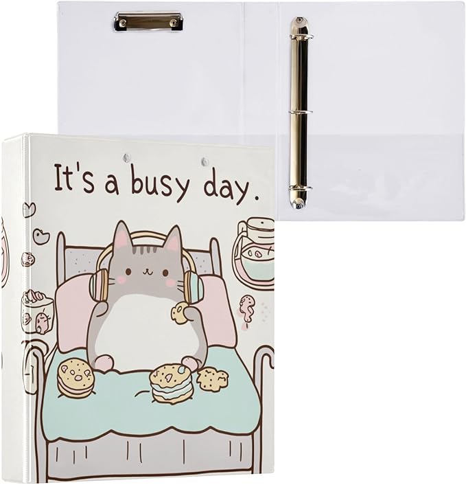 Funny Cute Cat Chill Lazy Kitty Binder 1.5 Inch Binder with Clipboard&Pockets, Hardcover Binders 3 Ring, Heavy Duty Large File Folder for Office School Supplies - Holds 200 Sheets
